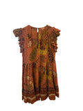 *Ulla Johnson Etta Textured Cotton Floral Birds Flutter Sleeve Round Neck Tiered Mini Dress, Size 8