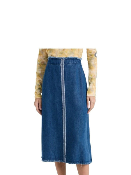^Raquel Allegra Aurora Lyocell Denim Raw Edge Detail Back Zip Midi Skirt , Size RA1=US S