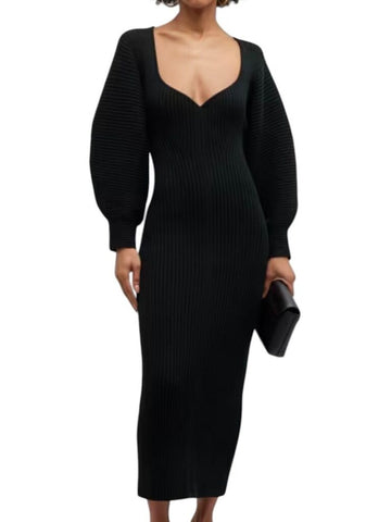 *NWT Mara Hoffman Lavina Organic Cotton Rib Knit Long Sleeve V-Neck Midi Dress, Size XS