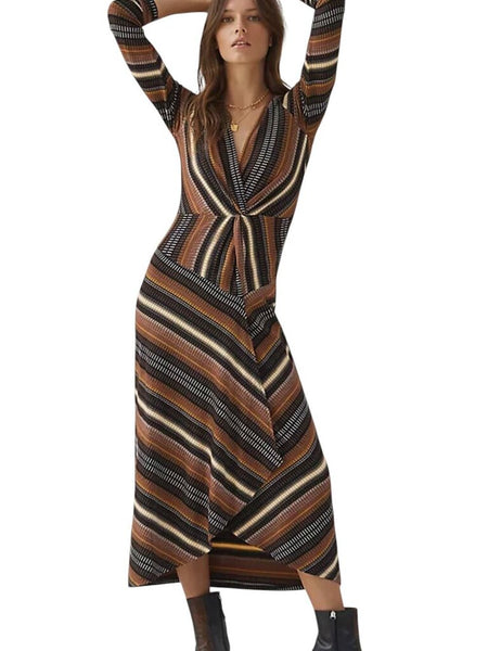 ^Maeve Knit Autumn Stripe Long Sleeve Faux Wrap Midi Dress, Size S