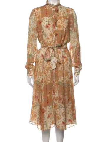 *Sezane Loree Botanical Patchwork Long Sleeve Ruffle Button-Front Tie Waist Midi Dress, Size RE 40=US 8