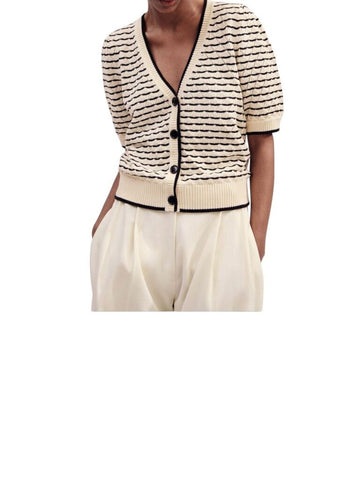*Me+Em Cotton Stripe Lace Stitch Short Sleeve V-Neck Button-Up Cardigan Sweater, Size M
