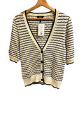 *Me+Em Cotton Stripe Lace Stitch Short Sleeve V-Neck Button-Up Cardigan Sweater, Size M