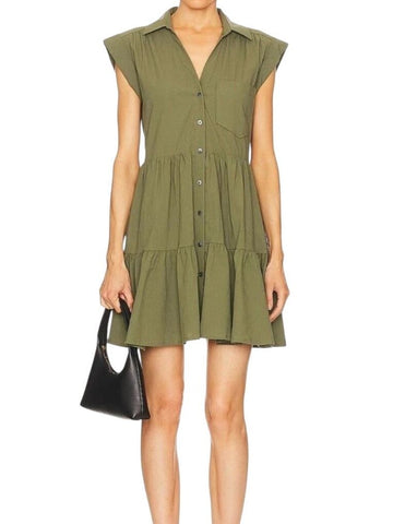 *Veronica Beard Trisha Textured Cotton Cap Sleeve Collared V-Neck Button-Up Tiered Mini Dress, Size L