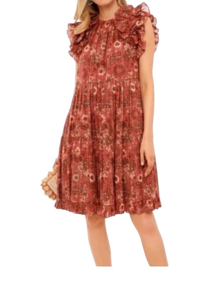 ^Ulla Johnson Adele Cotton Blend Floral Flutter Sleeve Round Neck A Line Tiered Mini Dress, Size 6