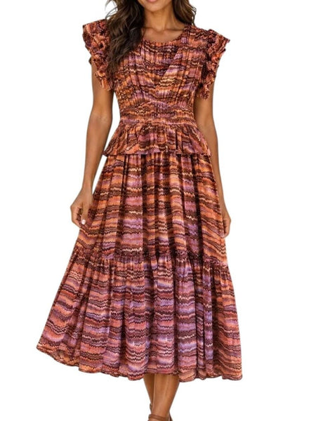^Ulla Johnson Bendetta Silk Flutter Sleeve V Neck Gathered Waist Tiered Midi Dress, Size 6
