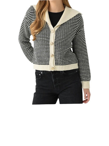 *Trovata Savannah Cotton Stripe Knit Wide Collar Gold Button Cardigan Sweater, Size S