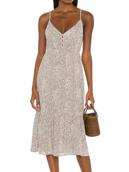 *Rails Delilah Linen Blend Cheetah Cami V-Neck Ladder Inset Trim Midi Dress, Size XS