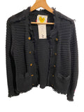 *Kerri Rosenthal Beaulero Cotton Knit Fringe Button Trim Open Front Lady Jacket Cardigan, Size S
