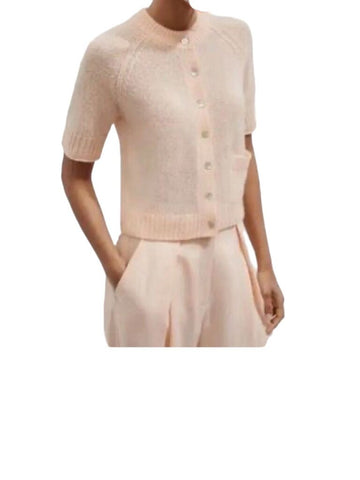 ^Me+Em Cashmere Wool & Silk Short Sleeve Crew Neck Button-Up Cardigan Top, Size M
