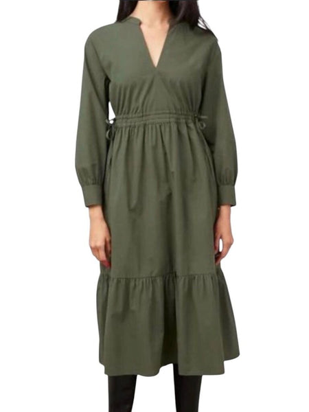 ^Rails Maple Olive Smoke Poplin Long Sleeve Split Neck Elastic Tie Waist Midi Dress, Size XS