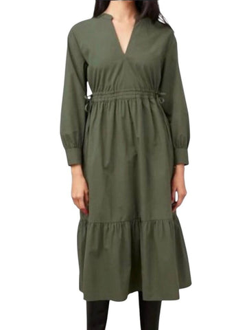 *Rails Maple Olive Smoke Poplin Long Sleeve Split Neck Elastic Tie Waist Midi Dress, Size XS