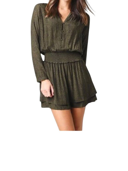 ^Rails Jasmine Olive Speckled Long Sleeve Split Neck Smocked Waist Mini Dress, Size XS