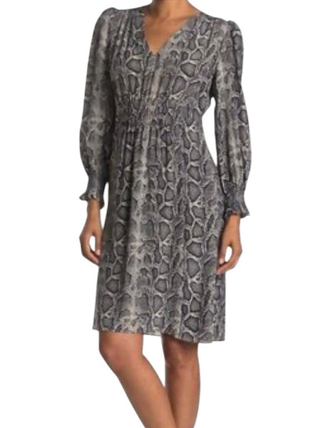 ^Rebecca Taylor Silk Python Long Sleeve V-Neck Smocked Waist Midi Dress, Size 6