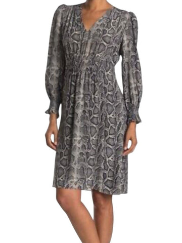 ^Rebecca Taylor Silk Python Long Sleeve V-Neck Smocked Waist Midi Dress, Size 6
