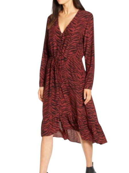 ^Rails Jade Tiger Stripe Long Sleeve Covered Button-Up V-Neck Ruffle Hem Midi Dress, Size M