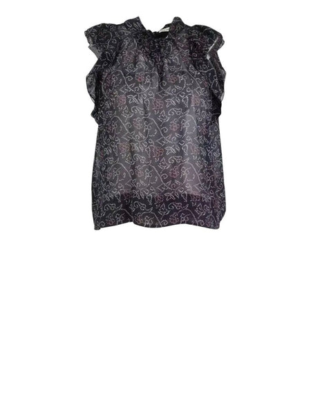 ^Ulla Johnson Dunia Silk Abstract Ruffle Trim Flutter Sleeve High Neck Tie Keyhole Back Top, Size 6