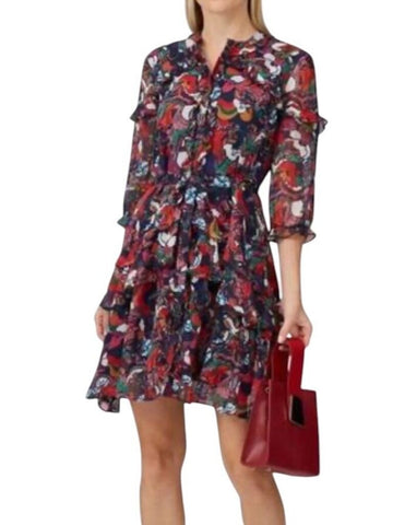 ^Saloni Tilly Silk Chiffon Abstract Paisley Elbow Sleeve Button-Up Mini Shirt Dress, Size 6 (S)