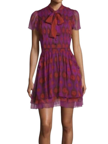^DVF Marisa Silk Mixed Print Flutter Sleeve Tie Neck Mini Dress, Size 10