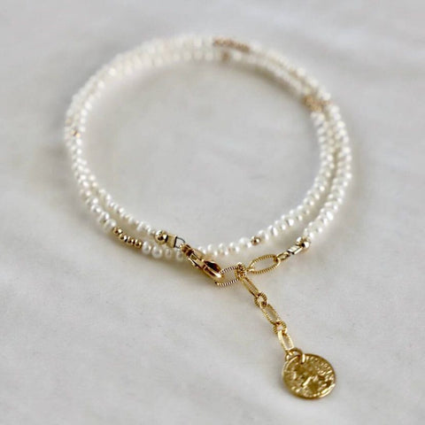 Katie Waltman Pearl & Gold Bead Coin Charm Double Wrap Bracelet