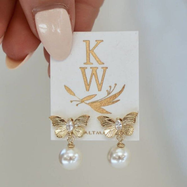 Katie Waltman 14K Gold Plate Butterfly Drop Pearl Stud Earrings