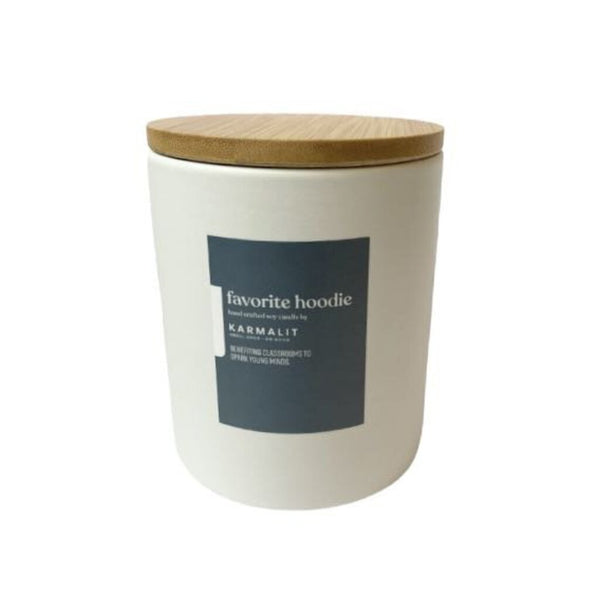 KarmaLit Favorite Hoodie Candle in White Ceramic Jar: Tobacco, Musk, & Vanilla, 12 oz.