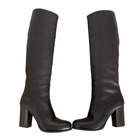 *Prada Leather Ankle Zipper 3 1/2" Block Heel Knee High Tall Boots, Size 38.5