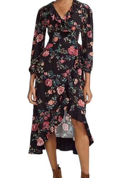 *Maje Rosetina Crepe Floral Long Sleeve V-Neck Wrap Ruffle Trim Dress, Size MAJE 2 (M)